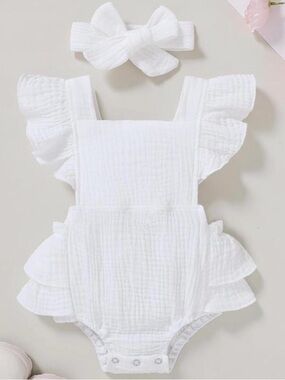 White Ruffled Baby Romper with Bow Headband